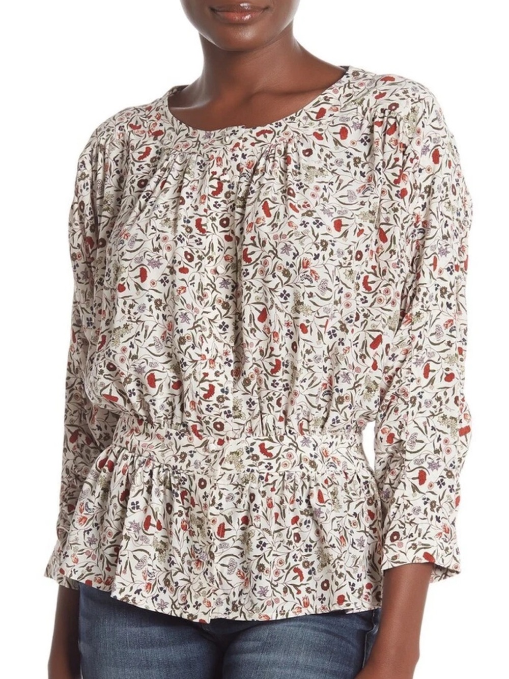 FRAME Floral Peplum Blouse Silk‎ Blend Batwing Sleeve Cream Red XS